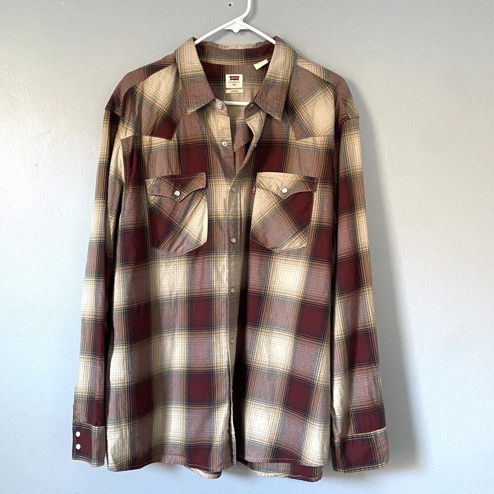 Levis Shirt Mens 2XL Brown Cream Plaid Pearl Snap Long Sleeve Hipster Western